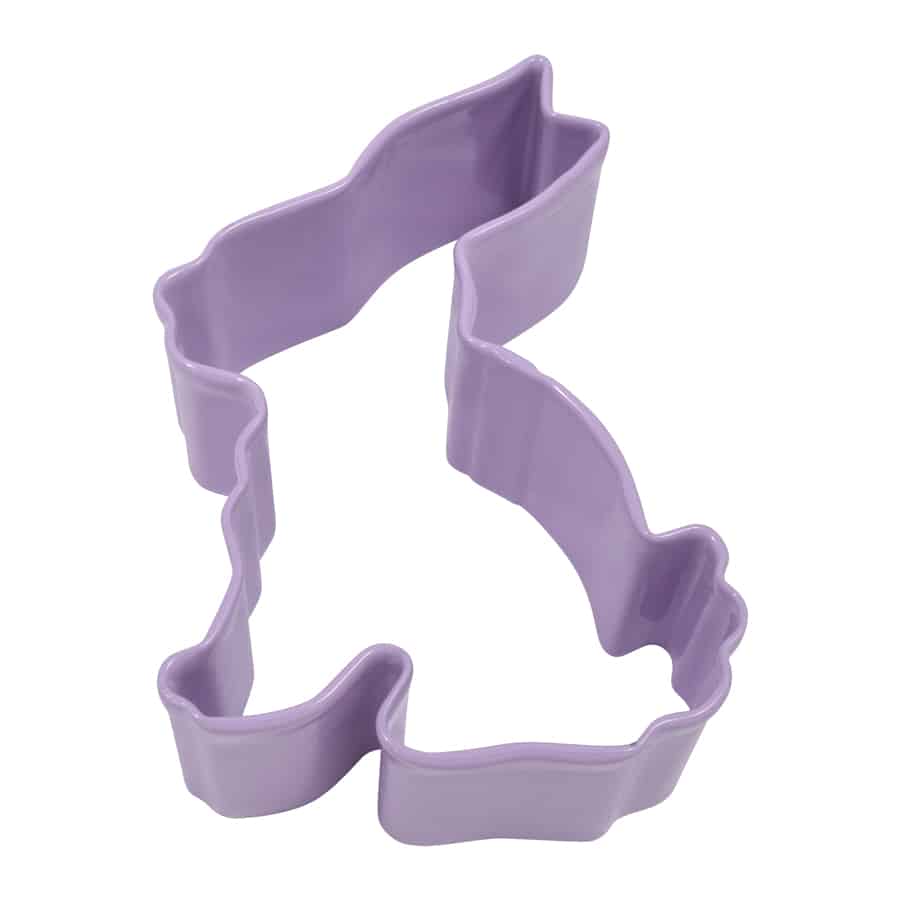 Purple bunny-shaped cookie cutter on a white background