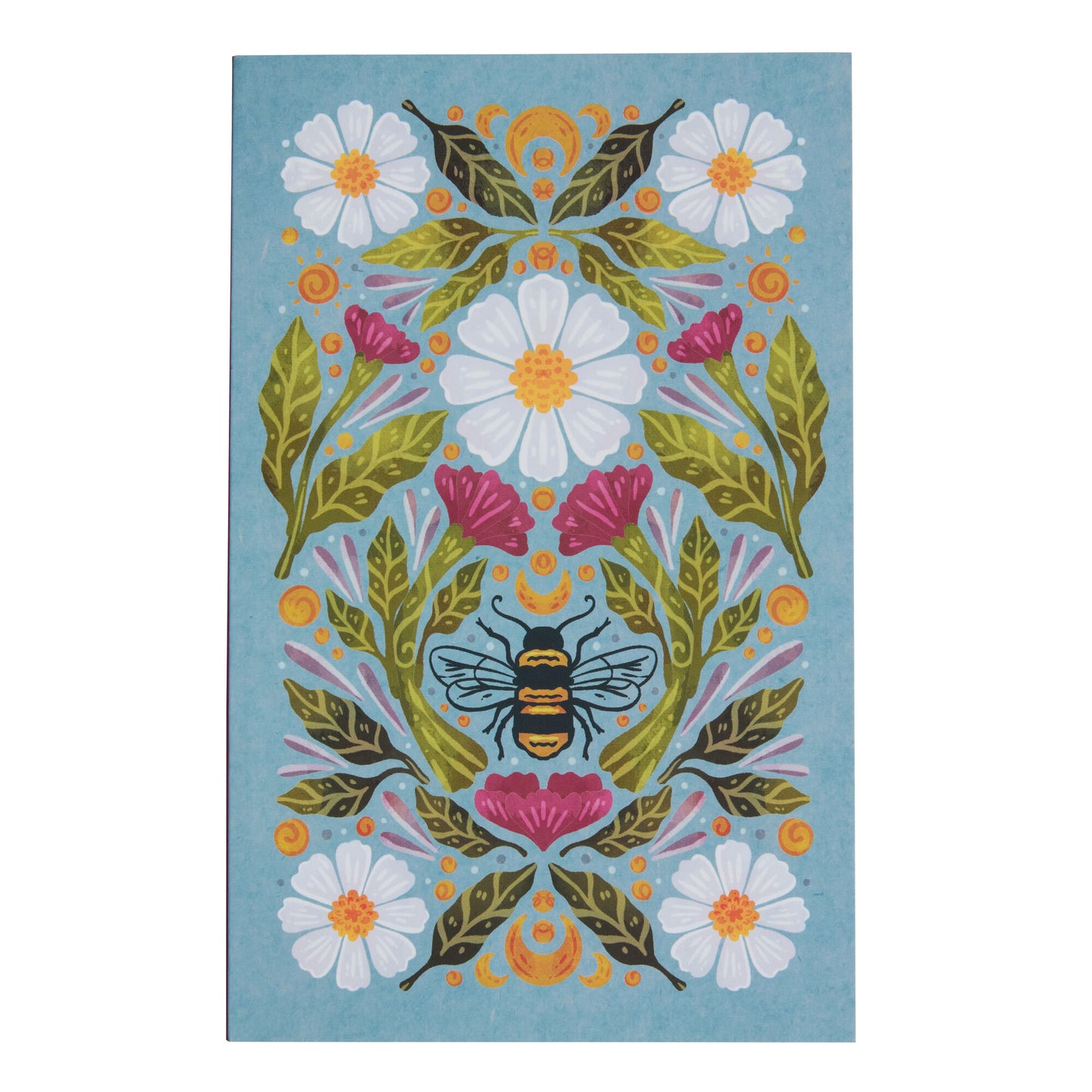 blue notebook with floral and bee design.