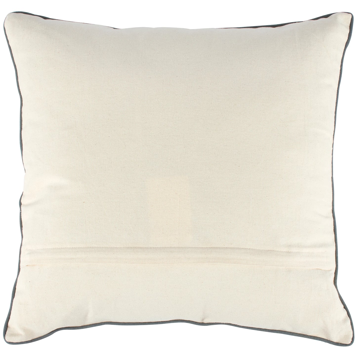 back view of moth pillow showing A cream-colored backing with zipper opening and a thin dark gray piping border, shown against a plain white background.