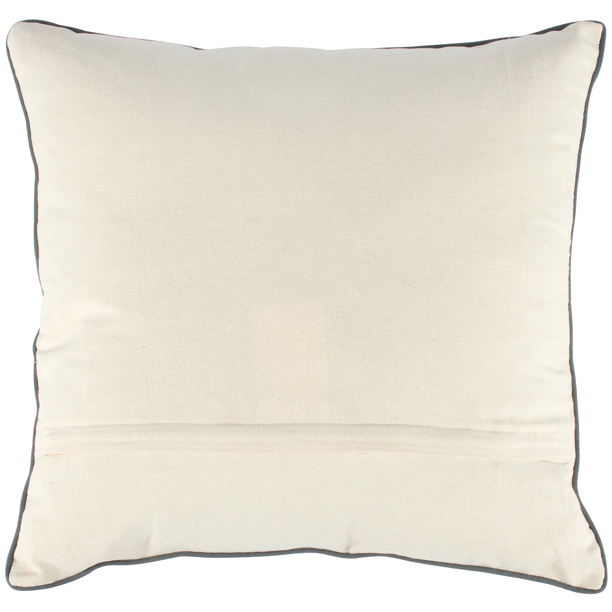 back view of moth pillow showing A cream-colored backing with zipper opening and a thin dark gray piping border, shown against a plain white background.