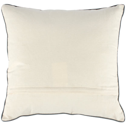 back view of moth pillow showing A cream-colored backing with zipper opening and a thin dark gray piping border, shown against a plain white background.