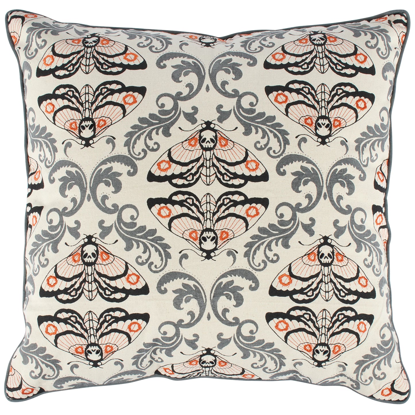Square decorative throw pillow featuring a repeating moth and scroll pattern in black, gray, and orange on an off-white background, with a dark gray piped edge.
