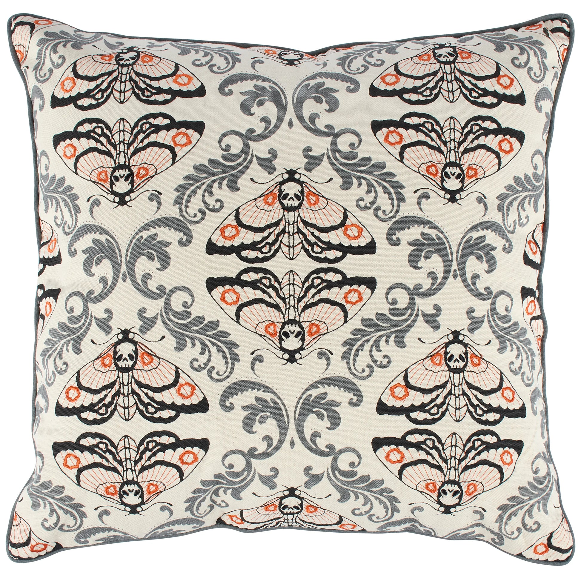 Square decorative throw pillow featuring a repeating moth and scroll pattern in black, gray, and orange on an off-white background, with a dark gray piped edge.