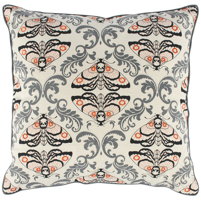 Square decorative throw pillow featuring a repeating moth and scroll pattern in black, gray, and orange on an off-white background, with a dark gray piped edge.