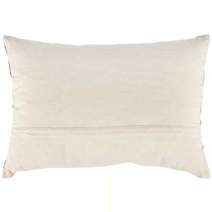 back view of rectangular cream-colored pillow with a zipper opening, shown against a plain white background.