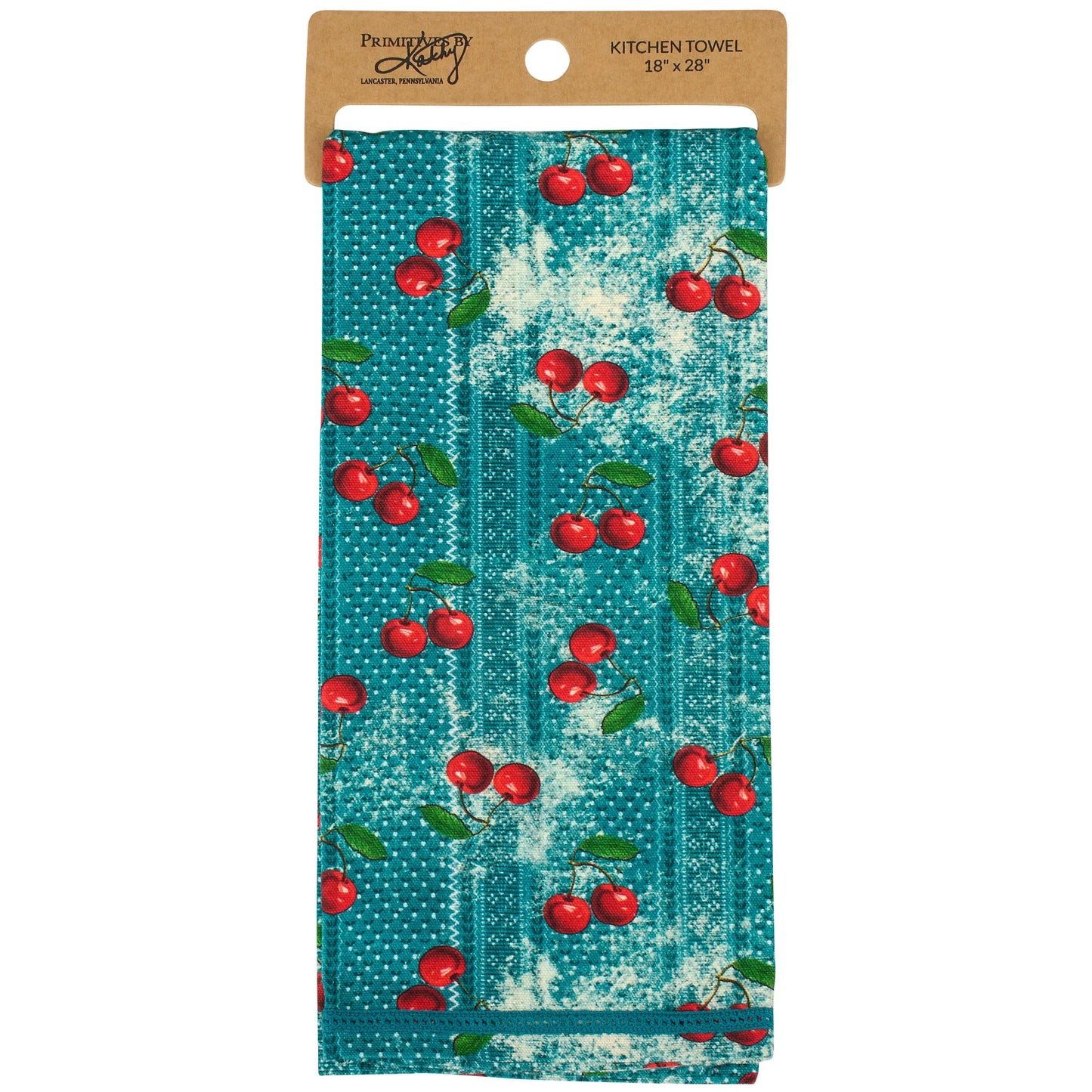 blue pattern towel with cherry design