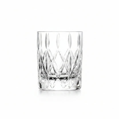 low ball glass with cut diamond design shown on a white background