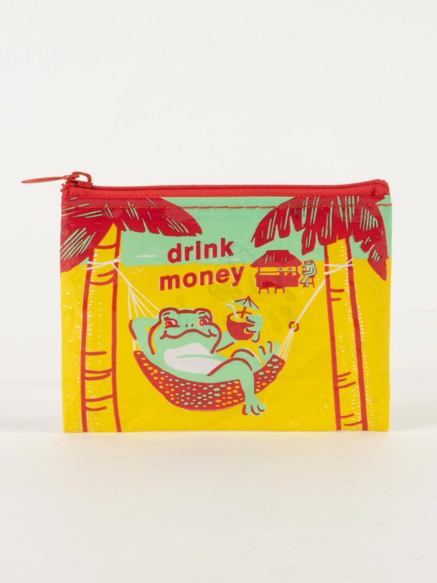 yellow coin purse with image of a frog drinking a cocktail in a hammock strung between two palm trees.