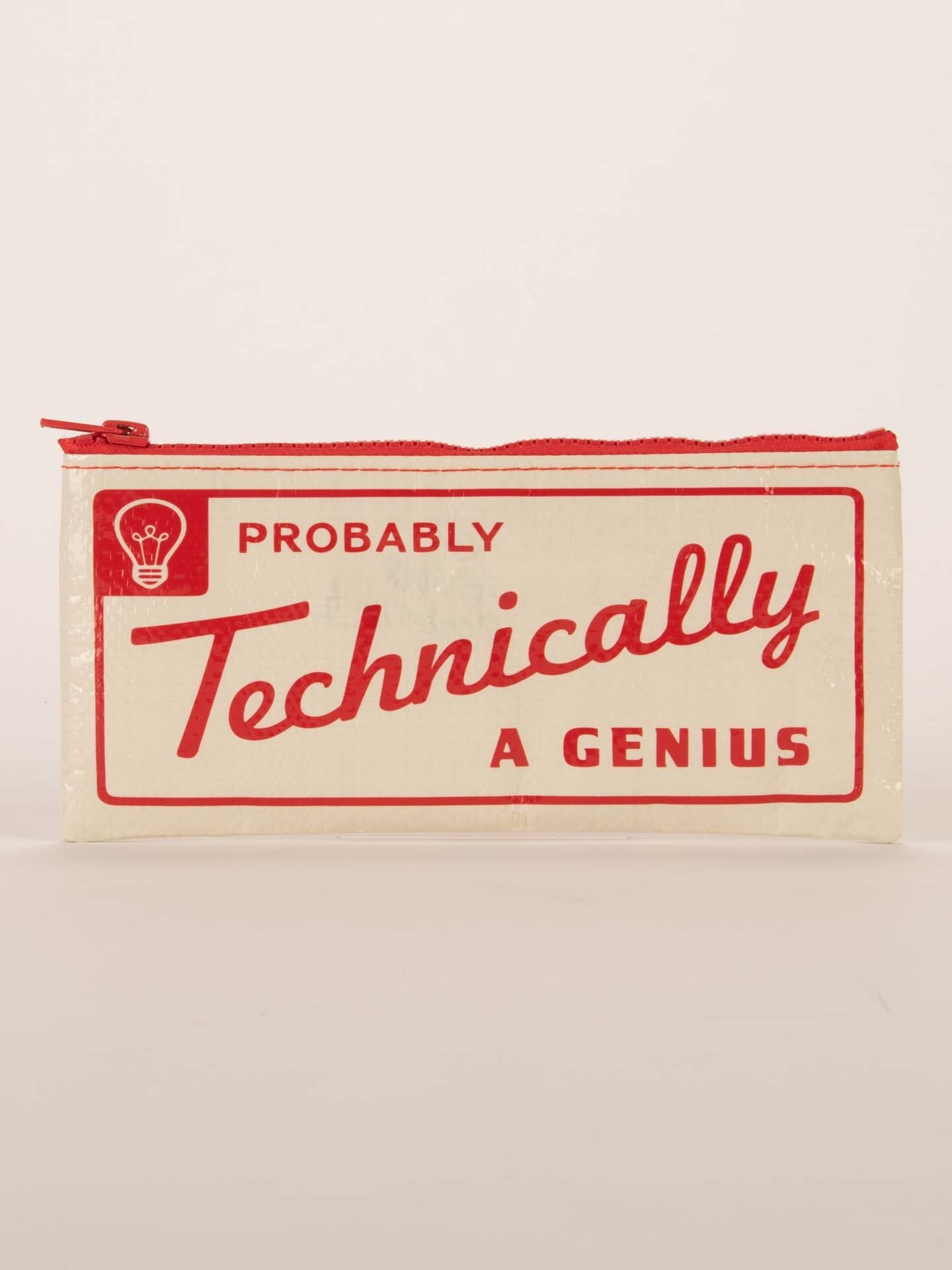 tan tote with red zipper and red text saying probably technically a genius