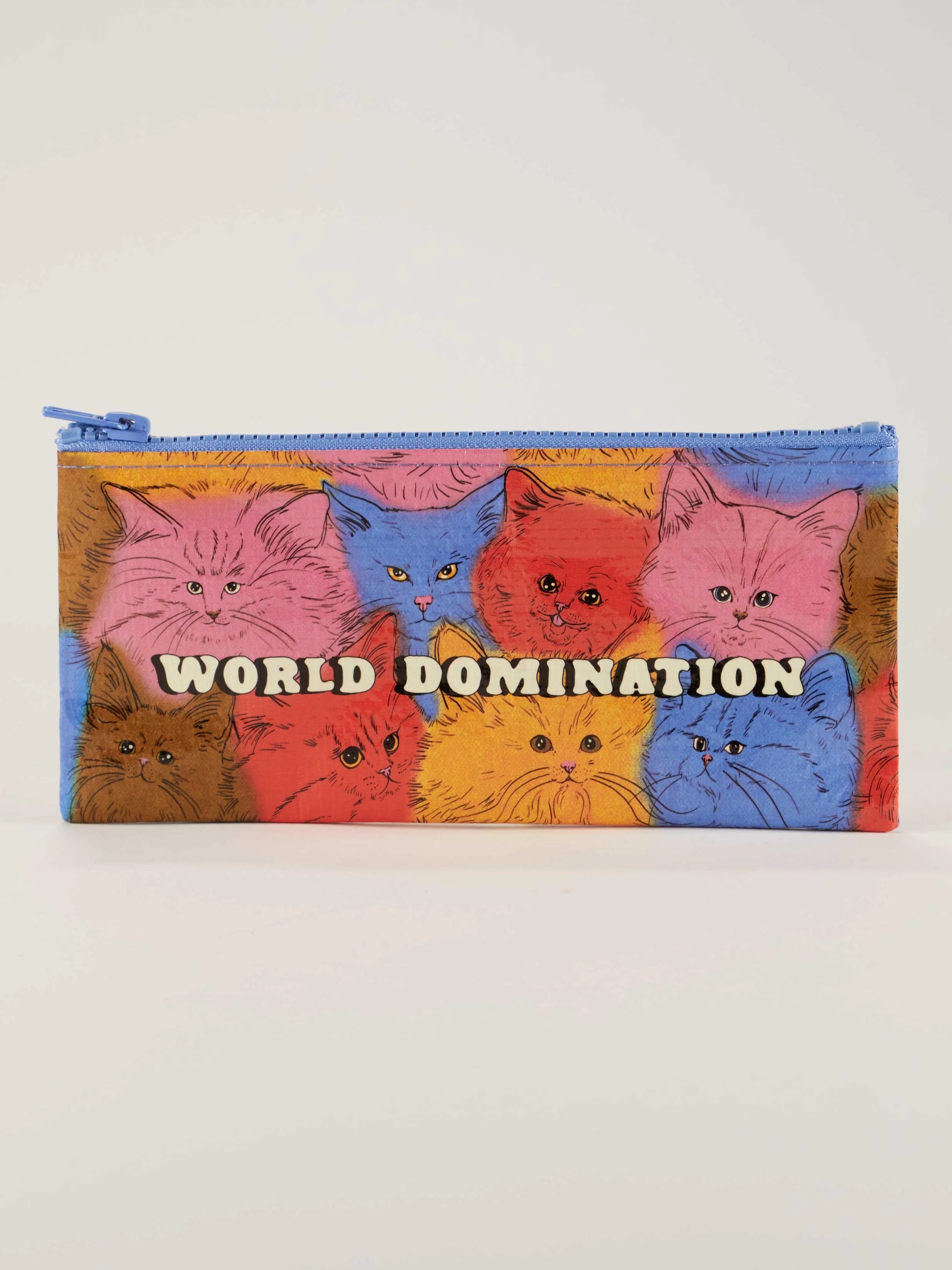 zipper bag with fluffy cat faces in pink, blue, orange, and red printed on it.