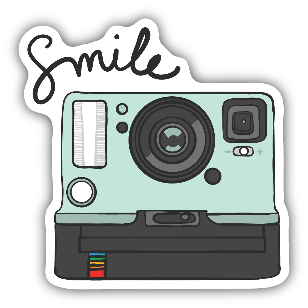 mint colored polaroid style camera with text "smile" above the camera