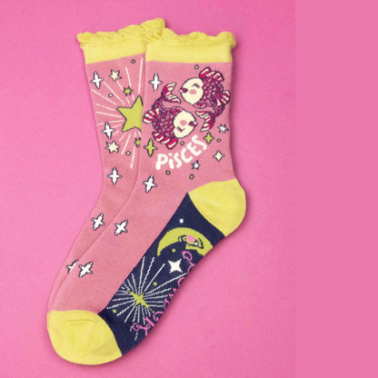 pink pisces socks with fish design.