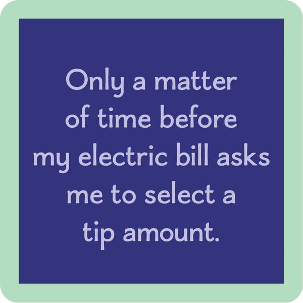 electric bill coaster is royal blue with mint trim and lavender text listed in the description