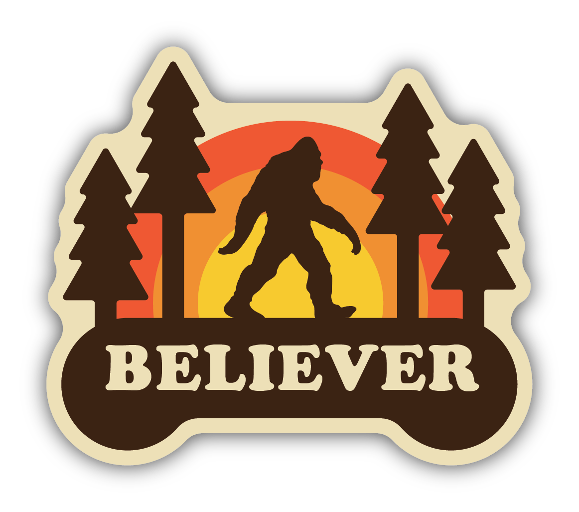 silhouette of Sasquatch walking around trees with a sunset in the background. "believer" text underneath