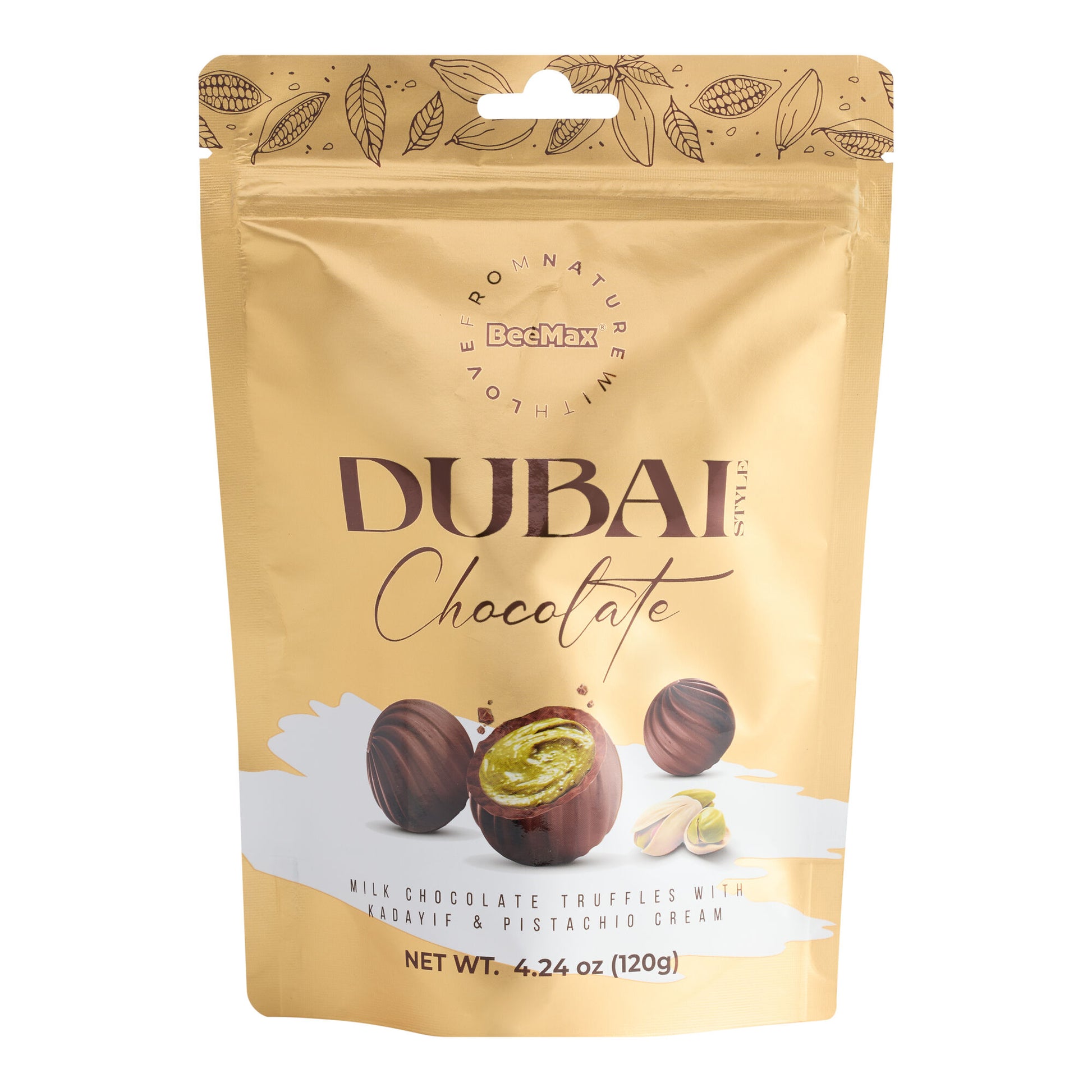 gold resealable bag with images of milk chocolate truffles with kadayif and pistachio cream filling.