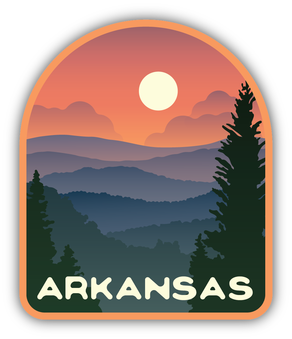 rolling hills and a setting sun with trees and "Arkansas" text at the bottom