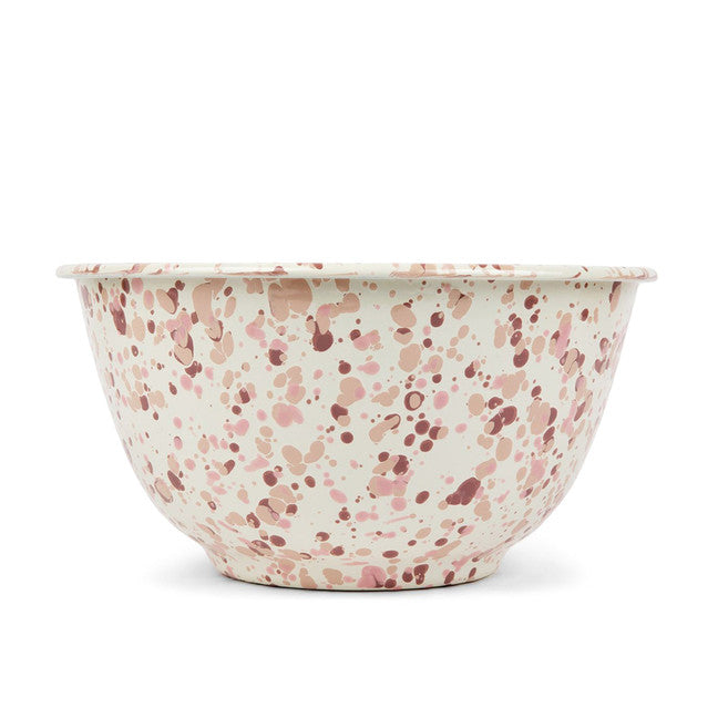 off-white serving bowl with splatters in shades of pink.