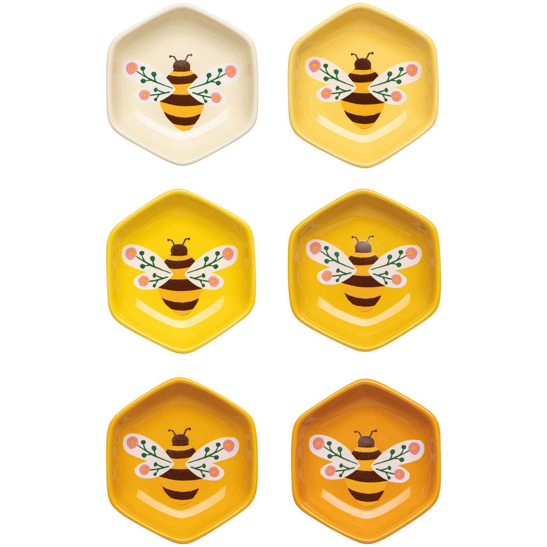 6 hexagon shaped little bowls in varying shades of yellow with a bee with flower wings in the center