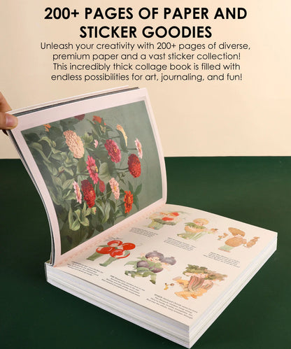 Open book with floral illustrations and text about 200+ pages of paper and sticker goodies.