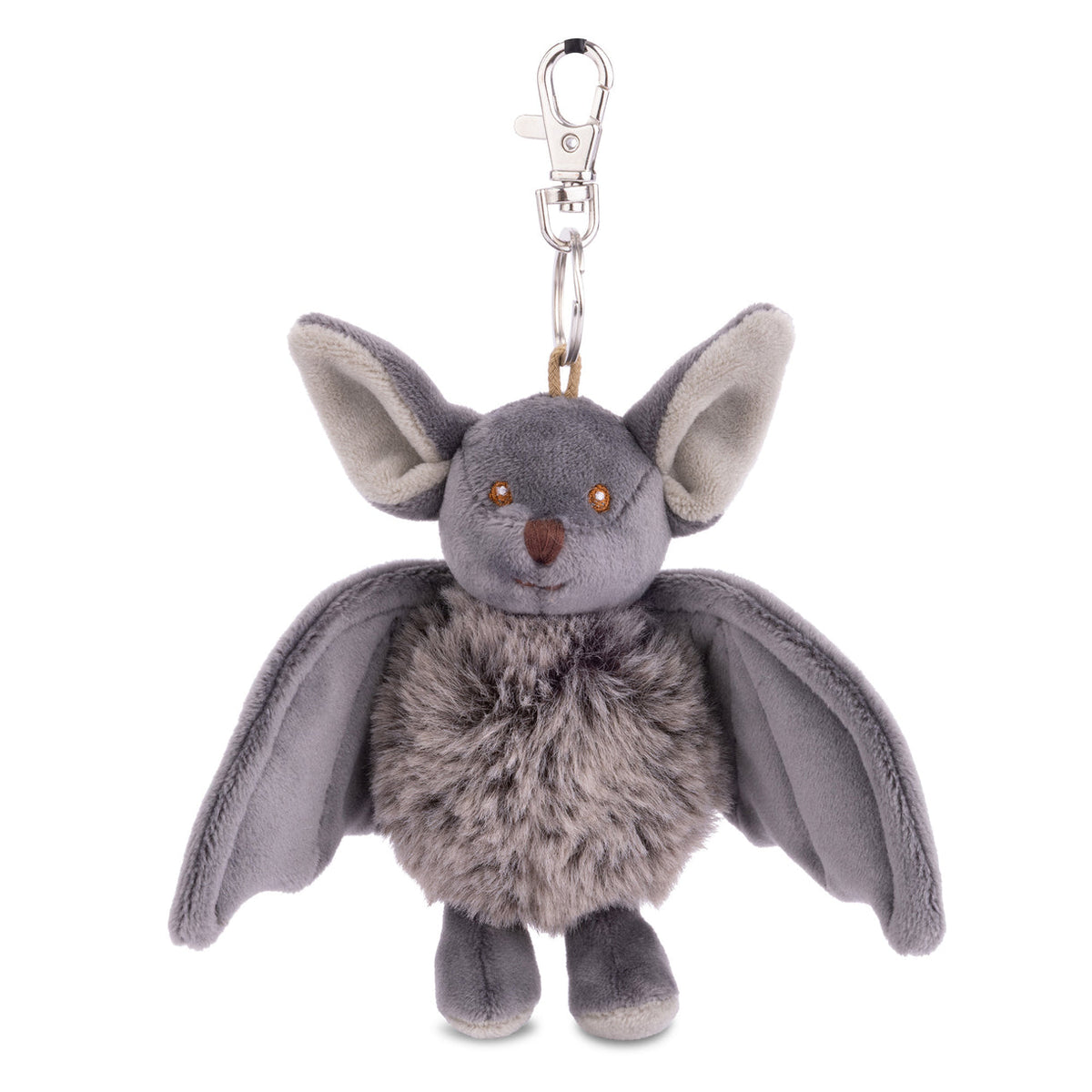 A plush gray bat keychain with large ears, soft faux-fur body, embroidered eyes and nose, and a silver metal clasp at the top, shown on a plain white background.
