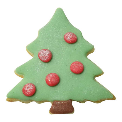 Green Christmas tree-shaped cookie with red decorations on a white background