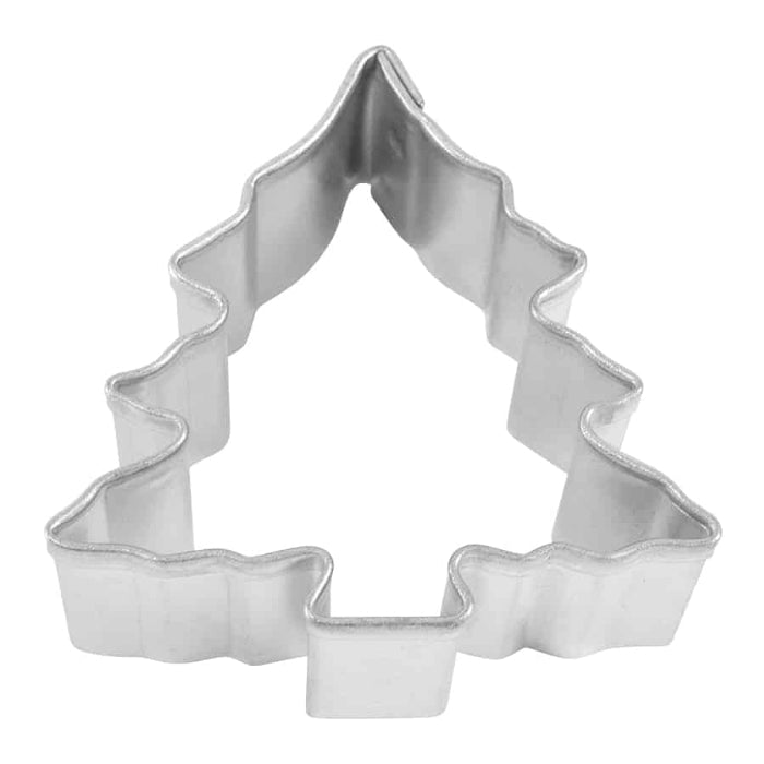 Metallic Christmas tree-shaped cookie cutter on a white background