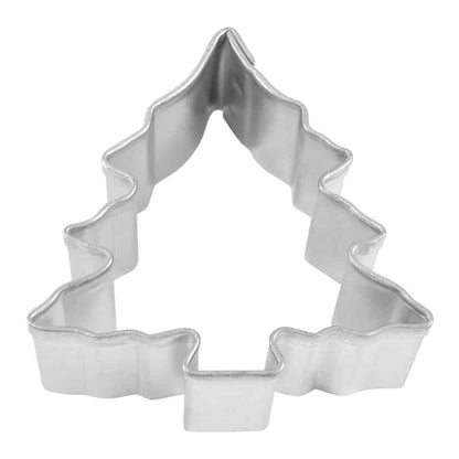 Metallic Christmas tree-shaped cookie cutter on a white background