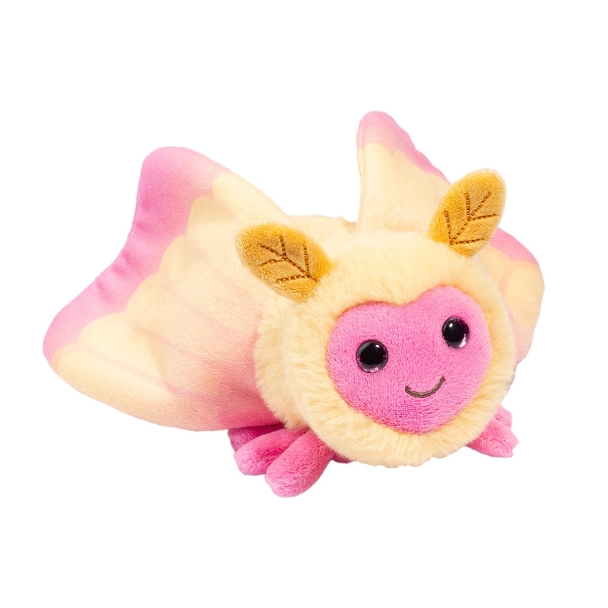angled front view of rosy maple moth plush toy