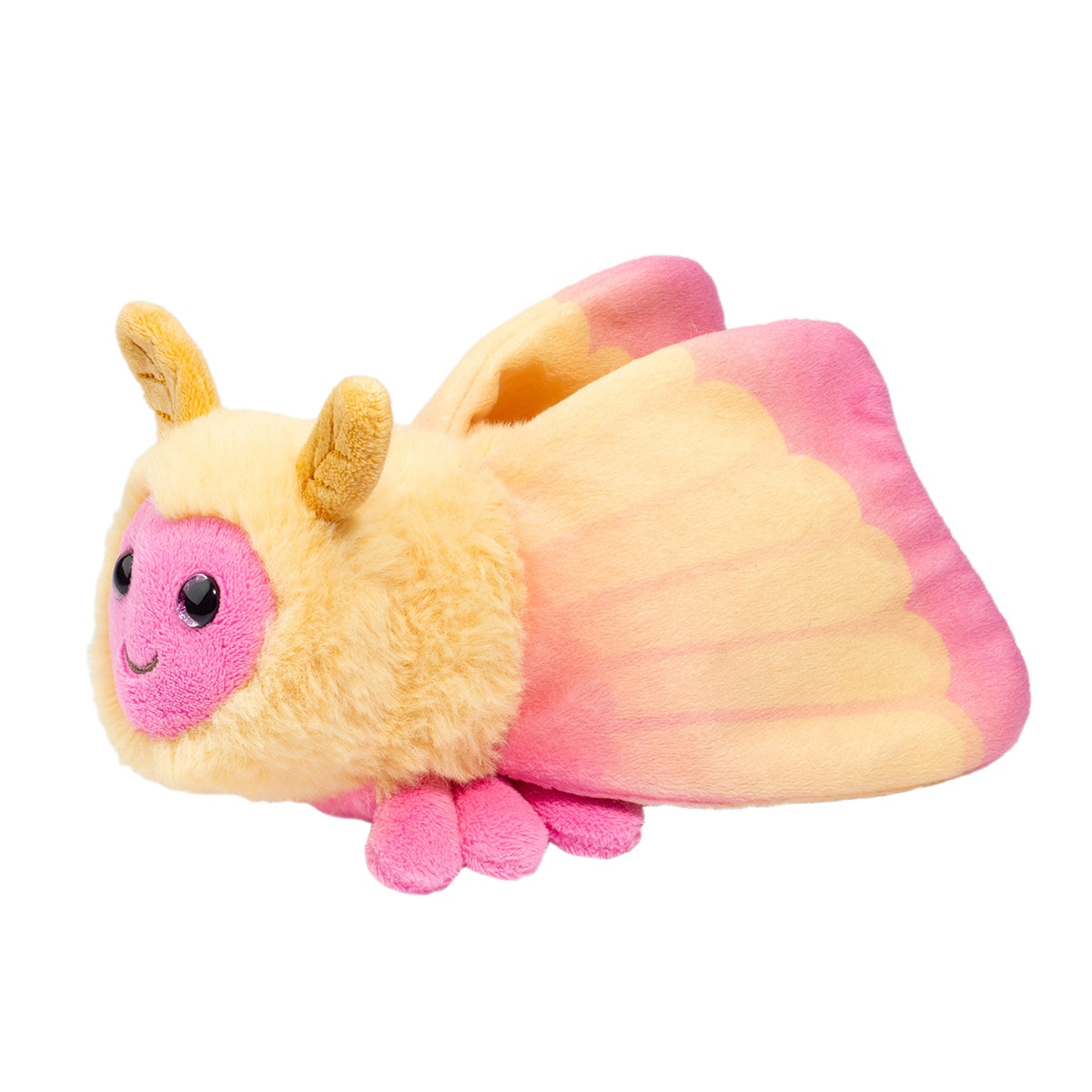 angled side view of rosy maple moth plush toy