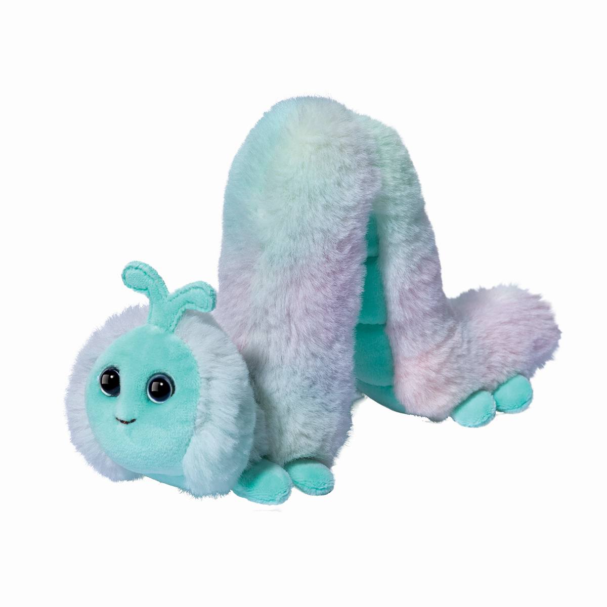 angled view of the aqua and purple inchworm plush toy