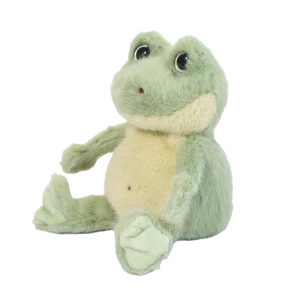 side view of Plush frog toy on a white background