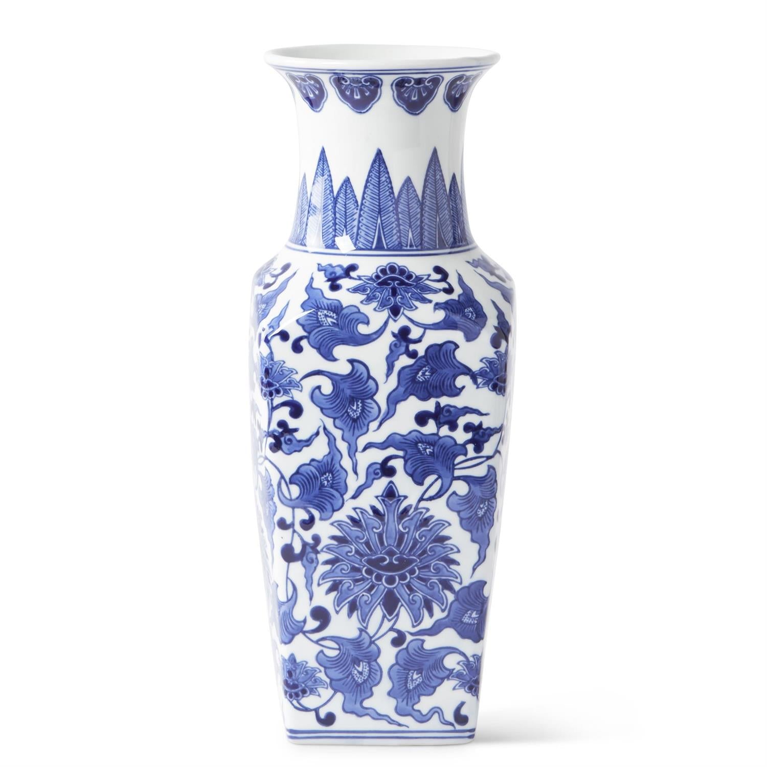 white vase with blue floral design.