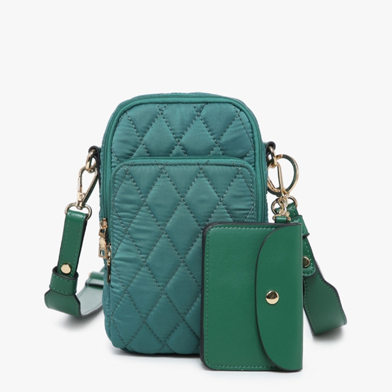 green Parker Quilted Crossbody with its small snap pouch set in front of it on a white background.