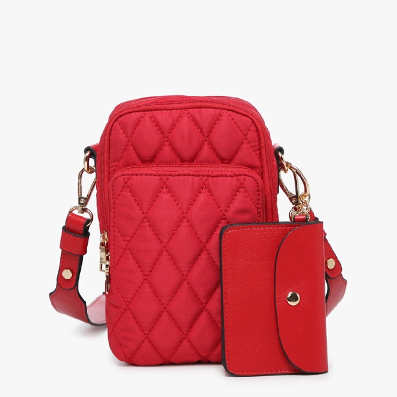 red Parker Quilted Crossbody with its small snap pouch set in front of it on a white background.