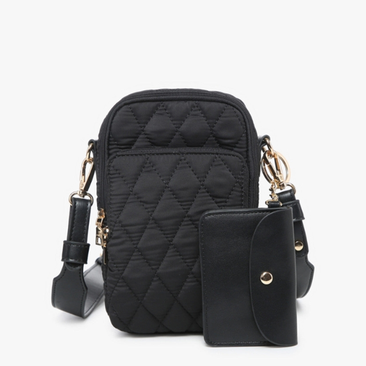 black Parker Quilted Crossbody with its small snap pouch set in front of it on a white background.