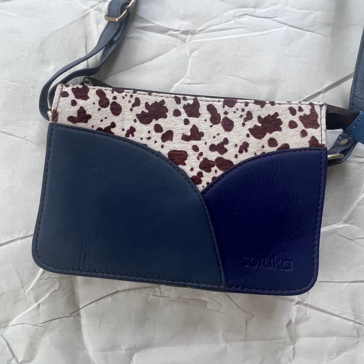 cerulean Meredith Purse with brown and white animal print