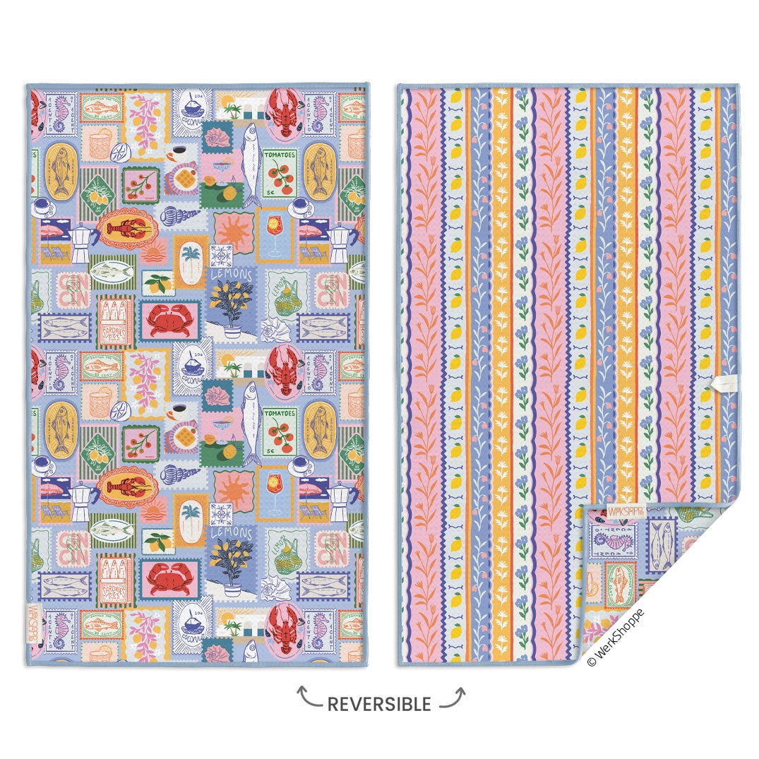 front and back view of the mediterranean summer microfiber dishtowel