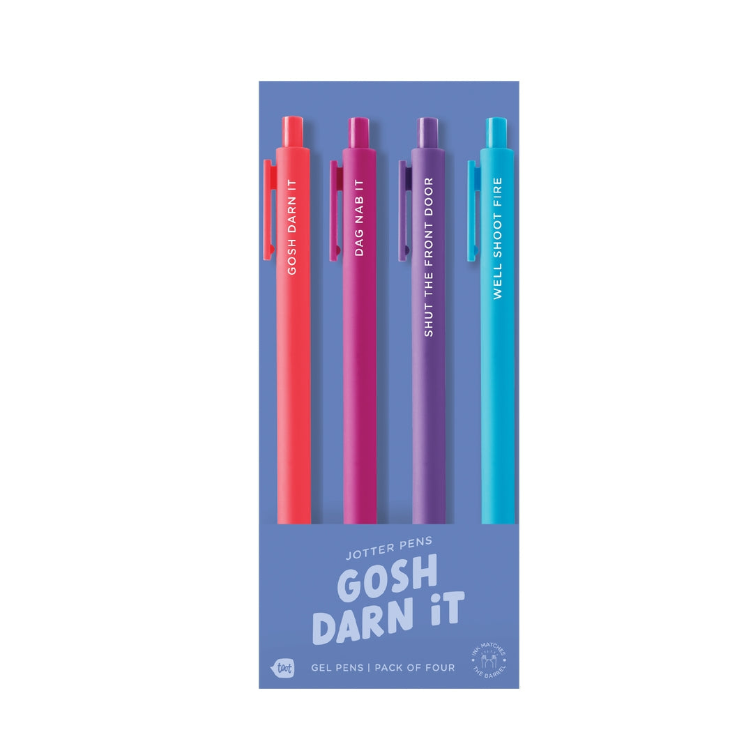pink, purple and teal pens with text "gosh darn it", "dag nab it", "shut the front door", or "well shoot fire" printed on the.