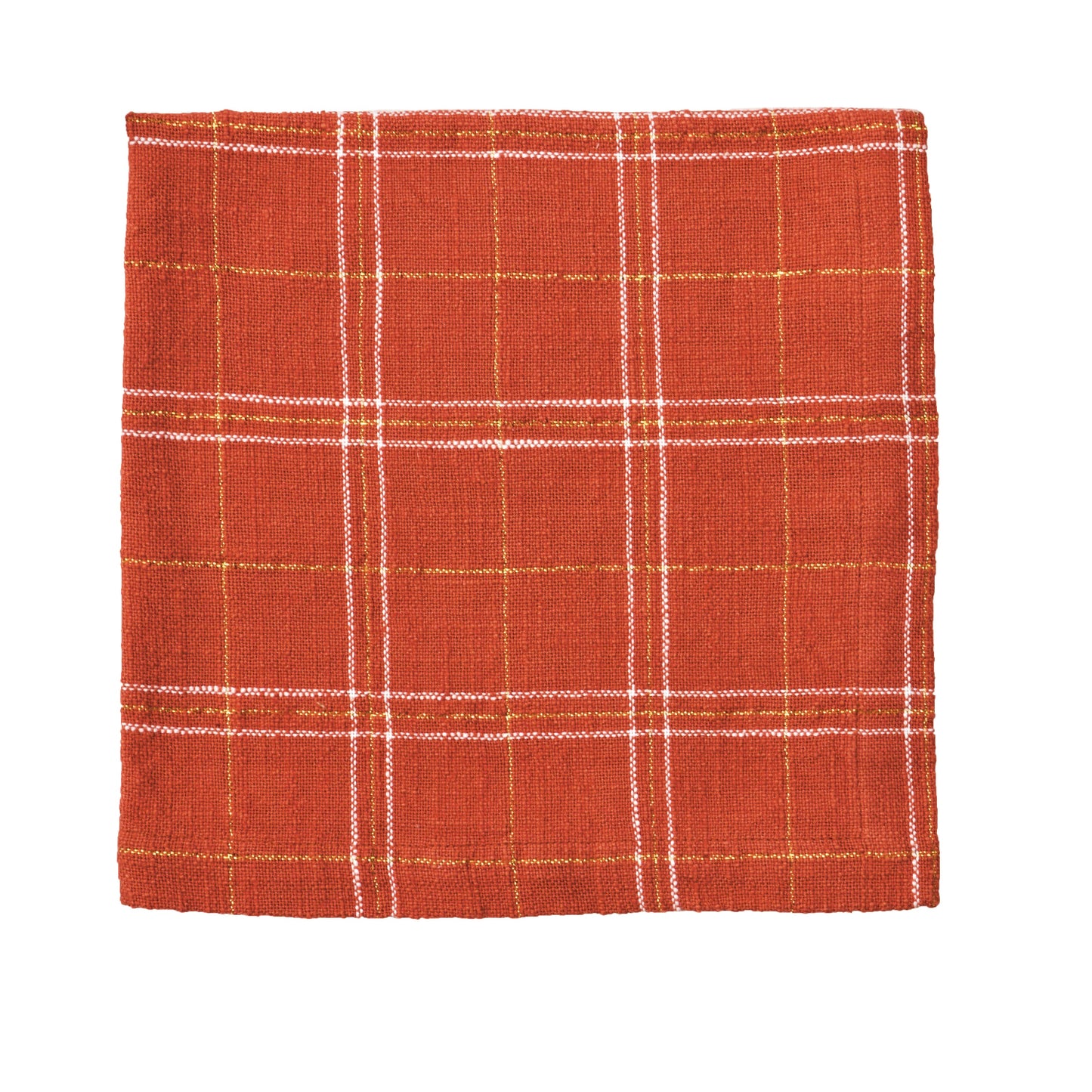 deep orange cloth napkin with an off-white plaid pattern laying on a white background