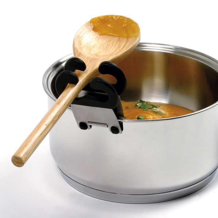 pot clip on a sauce pan with a wooden spoon in it.
