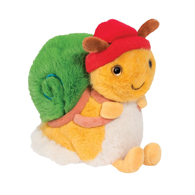 angled view of Brandon Backpacker Snail plush toy