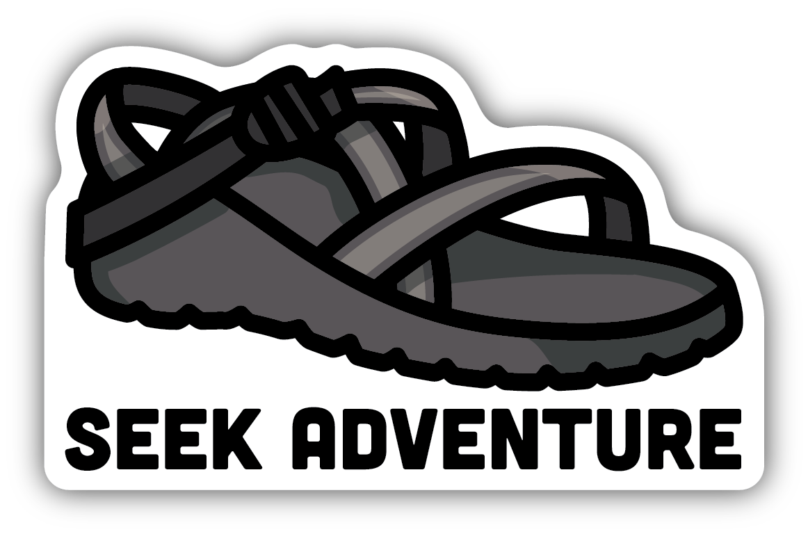 gray sandal with text "seek adventure"