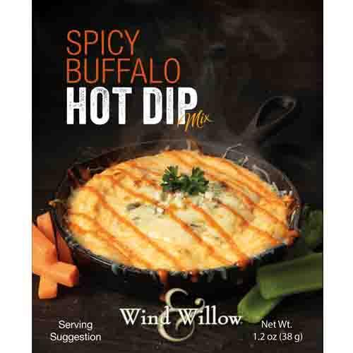 box packaging of Spicy Buffalo Hot Dip Mix featuring the image of a skillet filled with hot dip.