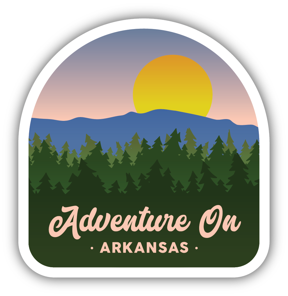 image of a hill and a setting sun with trees and "Adventure On , Arkansas" text at the bottom