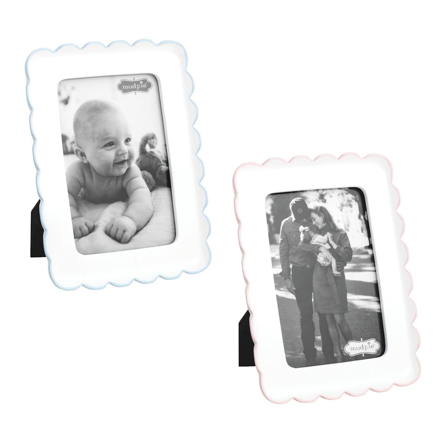Two decorative photo frames with black and white photos of a baby and a couple.