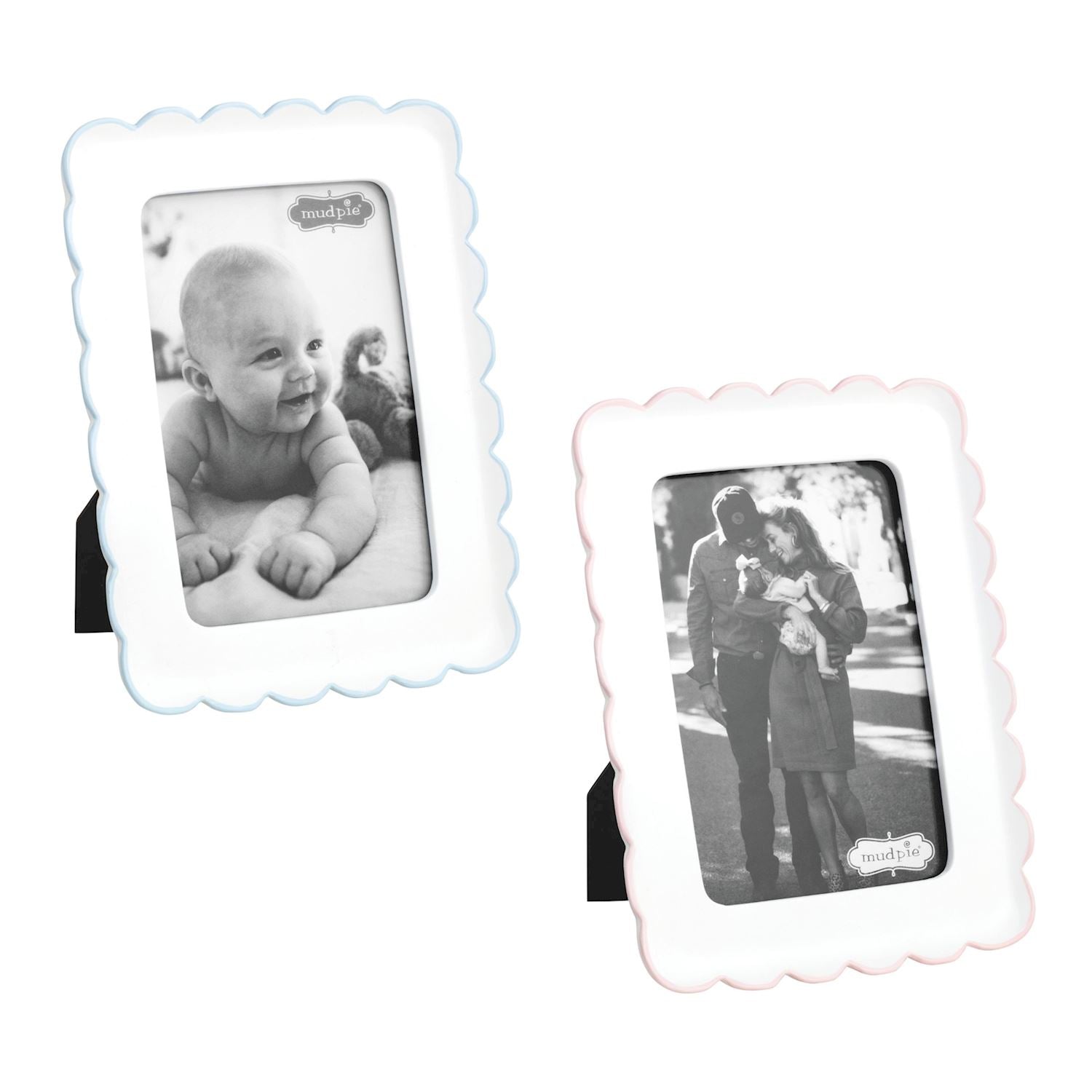 Two decorative photo frames with black and white photos of a baby and a couple.