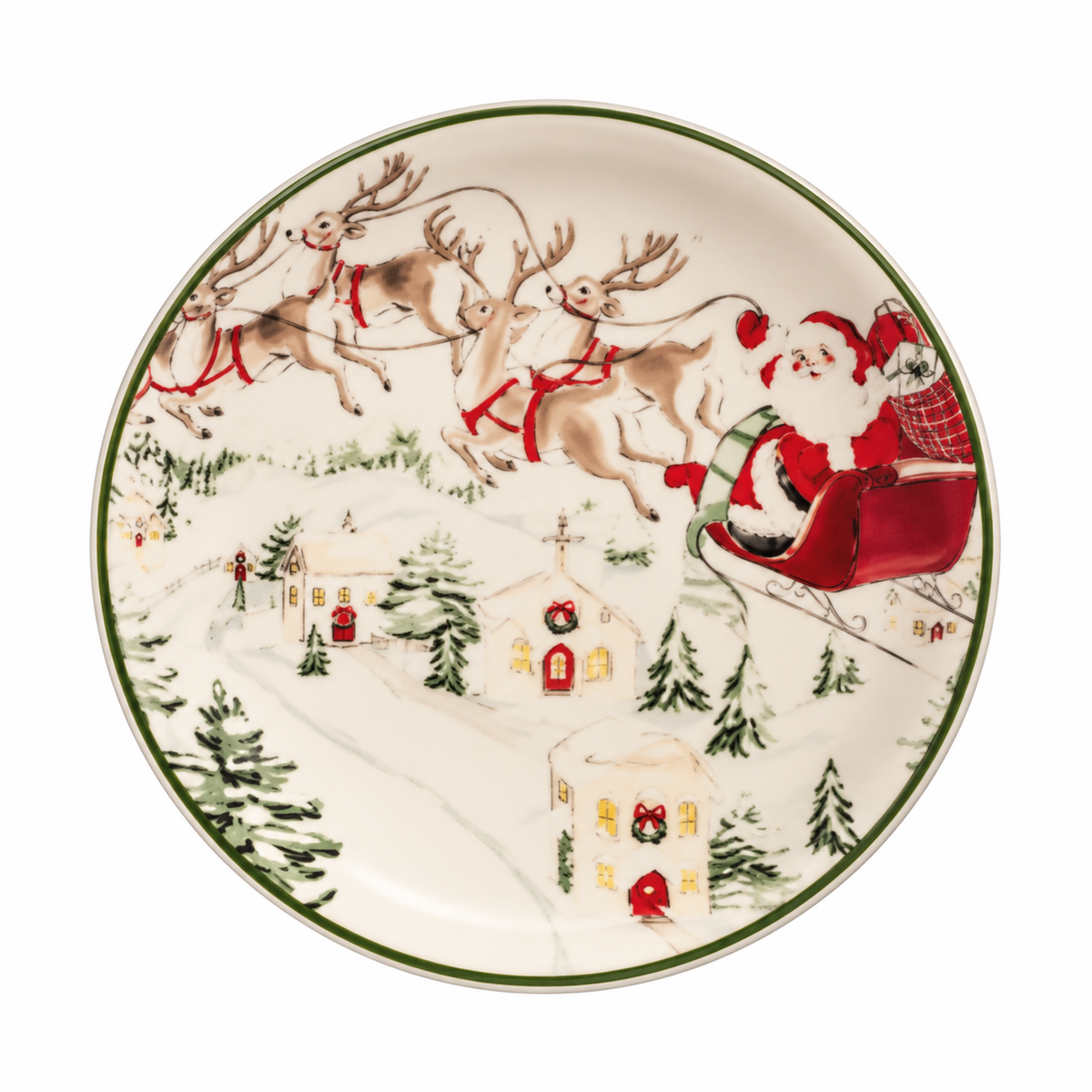 A round ceramic Christmas small plate featuring a festive illustration of Santa Claus in his sleigh pulled by reindeer over a snowy village with evergreen trees.