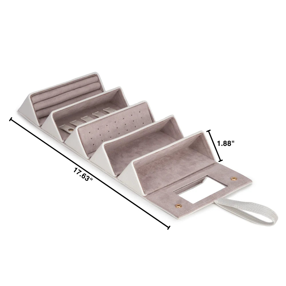 white jewelry case open with printed dimensions