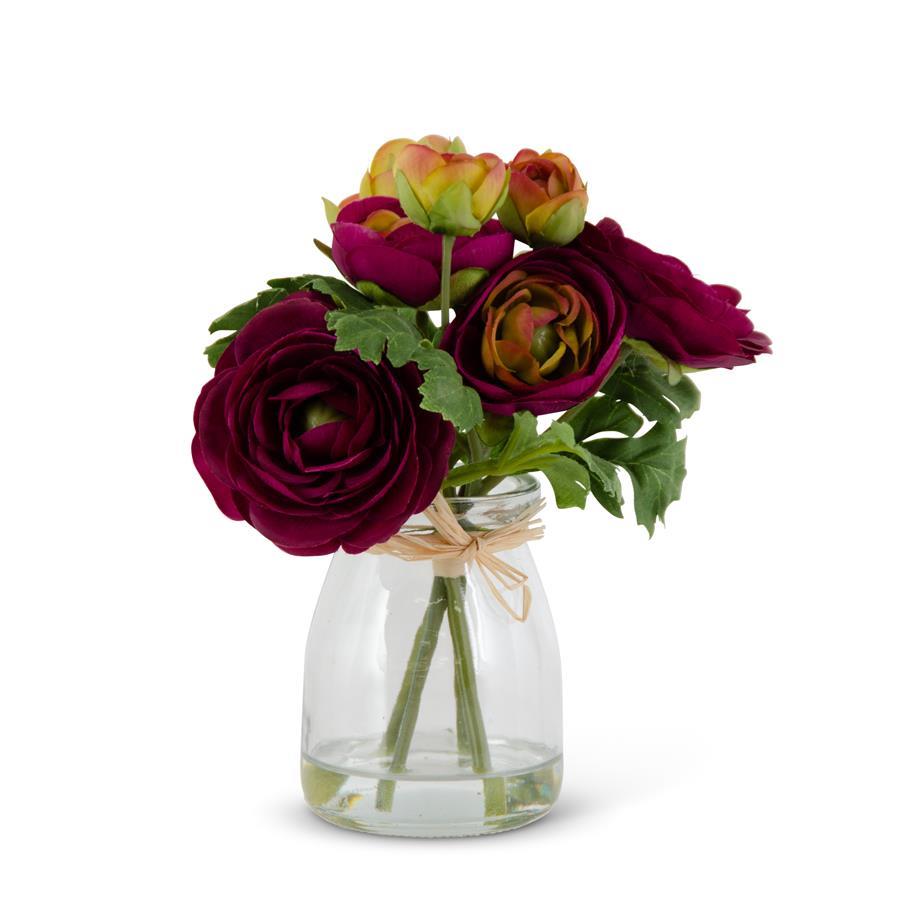 Ranunculus Bouquet in Glass Vase shown on a white background