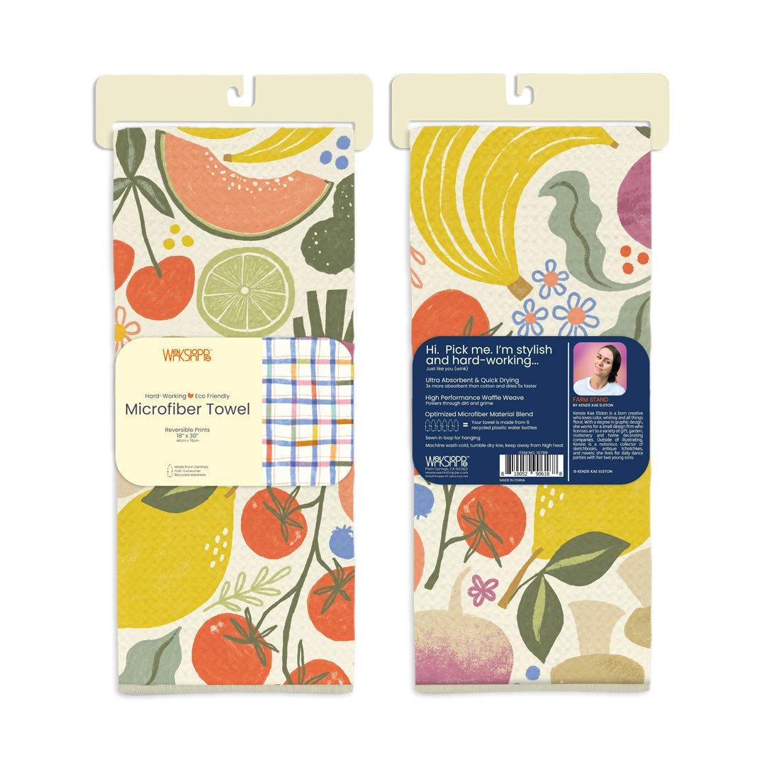 Front and back views of farmstand dishtowels folded in their card packaging.